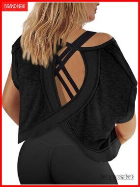 Womens Plus Size Open Back Workout Crop Top Backless Athletic Shirt